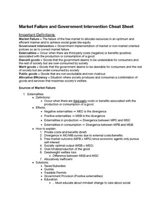 Market Failure and Government Intervention Cheat Sheet