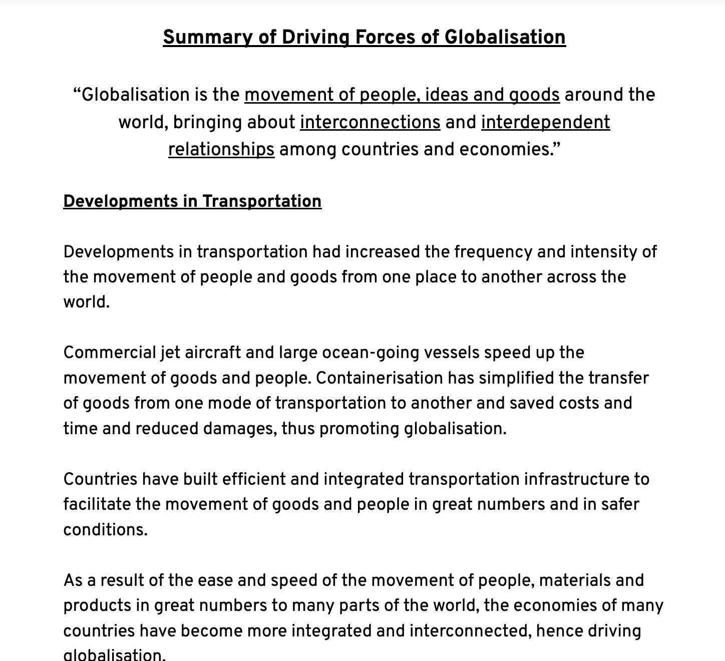 Summary of Driving Forces of Globalisation