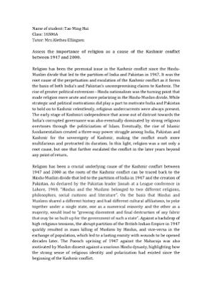 Term paper - Assess the importance   of religion as a cause    of the  Kashmir conflict between 1947 and 2000   (with comments)