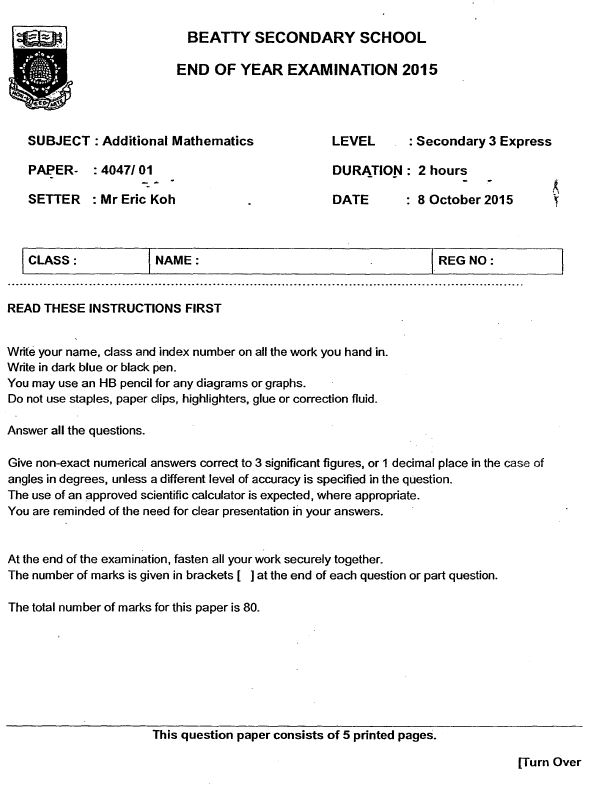 2015 A Math Sec 3 SA2 (Beatty Sec)