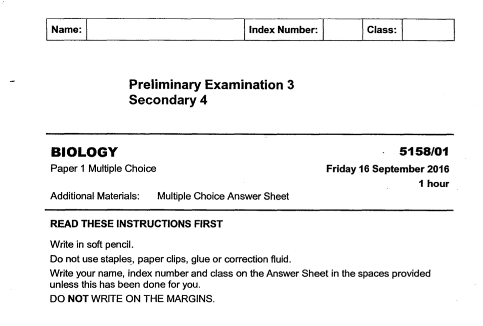 Catholic High 2016 Sec 4 SA2 Biology Paper