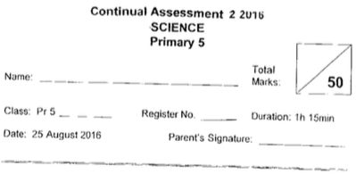 P5 Science CA2 2016 Rosyth Exam Papers