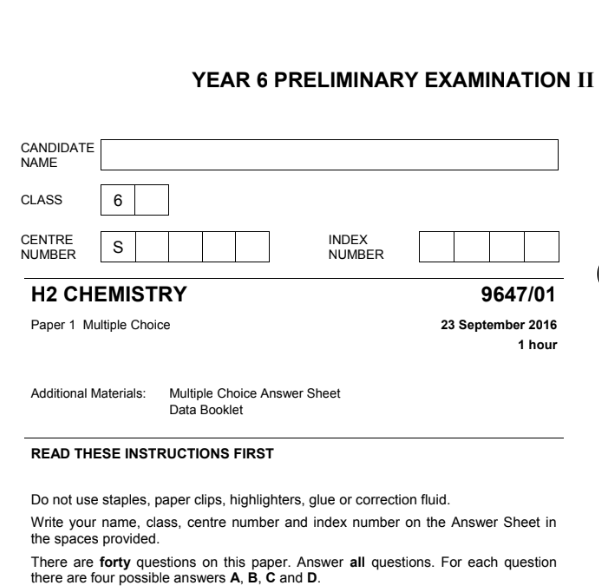 JC2 Chemistry H2 2016 River Valley 