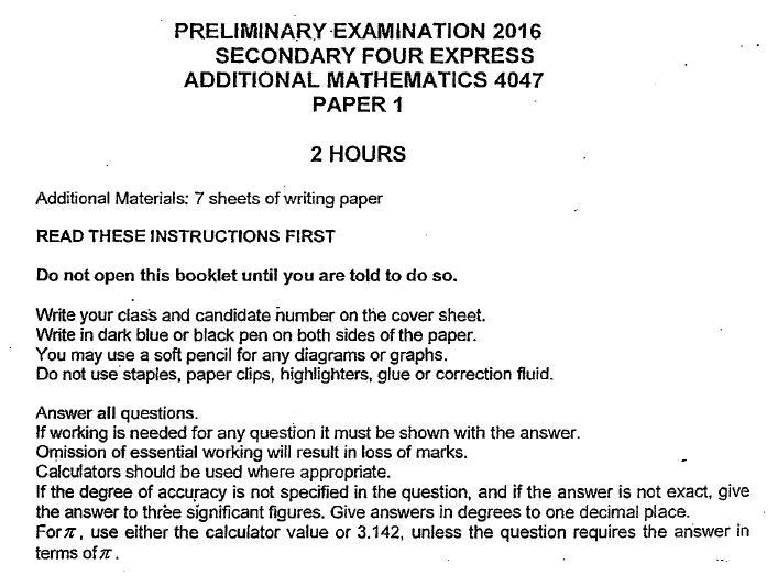2016 A Math Sec 4 Prelim Exam (ACS)