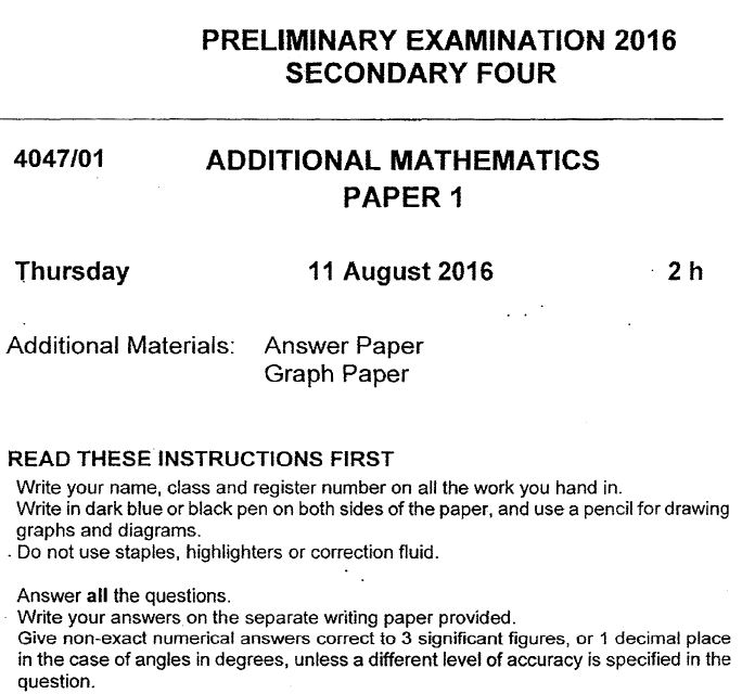 2016 A Math Sec 4 Prelim Exam (Tanjong Katong)