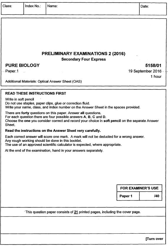Sec 4 Biology 2016 Hai Sing Catholic Sch Prelims