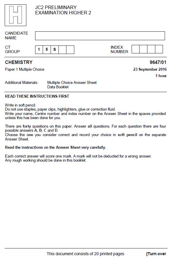 H2 Chemistry Prelims (PJC 2016)