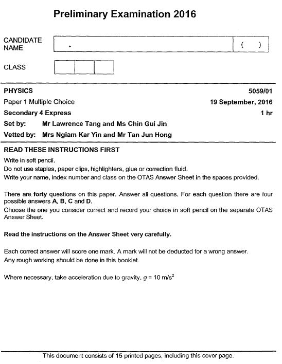 Physics Sec 4 Prelims (Zhonghua Sec 2016)
