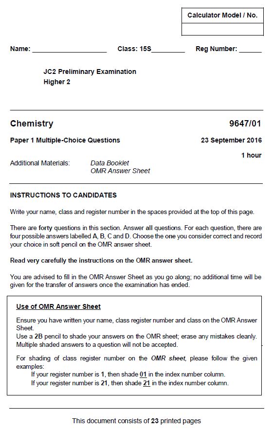 H2 Chemistry Prelims (MJC 2016)