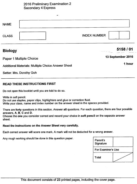 Sec 4 Biology 2016 Kuo Chuan Presbyterian Prelims