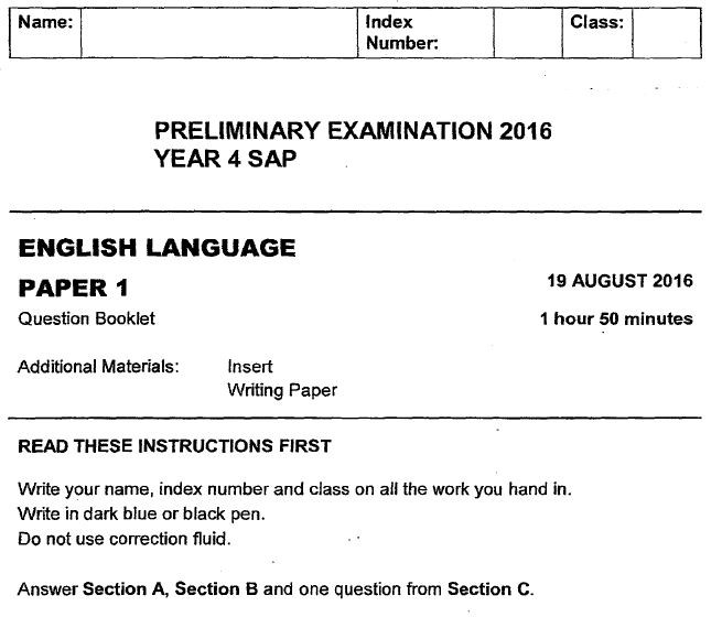 Sec 4 English Prelims 2016 Dunman High