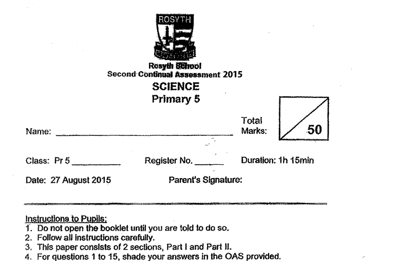 P5 Science CA2 2015 Rosyth Exam Papers