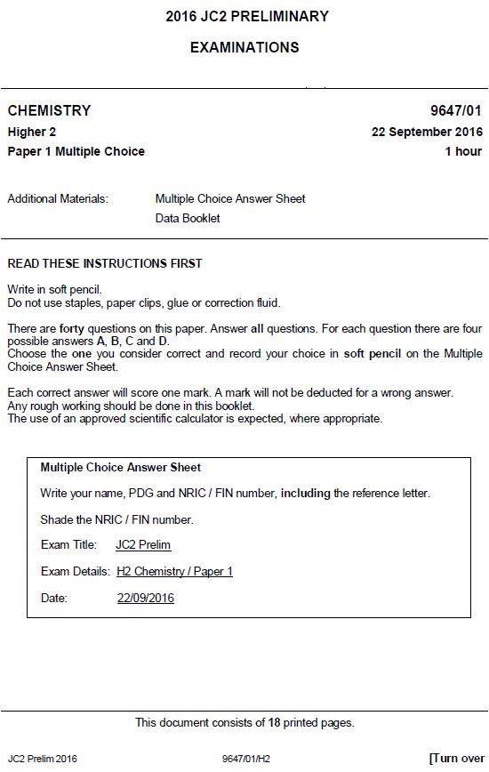 H2 Chemistry Prelims (AJC 2016)