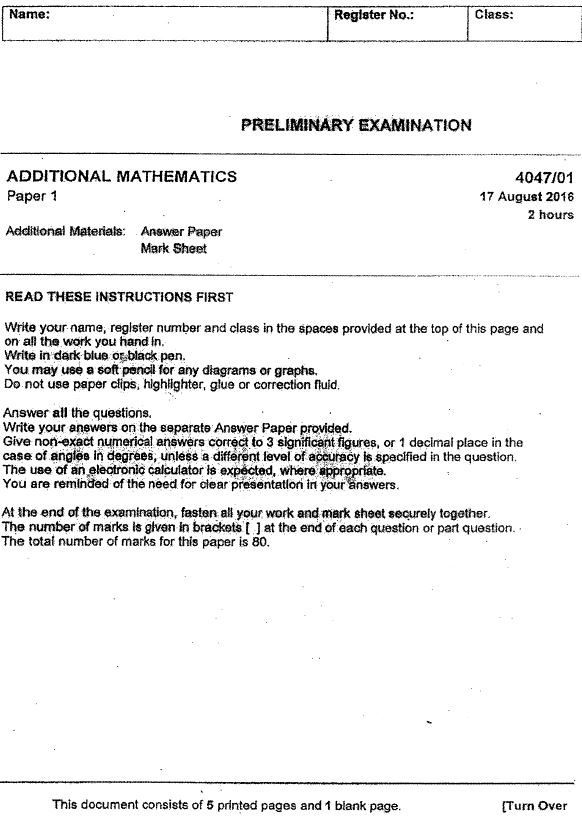 2016 A Math Sec 4 Prelim Exam (Cresent Girls')