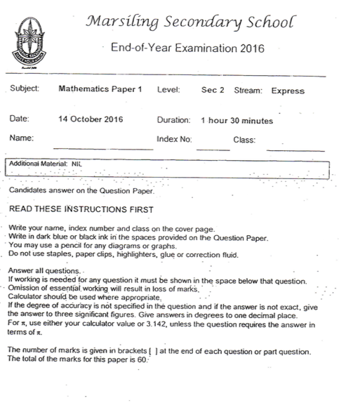 Math Sec 2 2016 Marsiling Sec