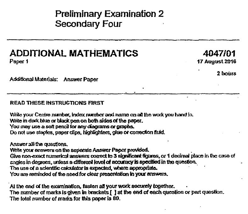2016 A Math Sec 4 Prelim Exam 2 (Cedar Girls')