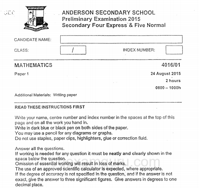 Anderson Secondary School 2015 E-Math Prelims