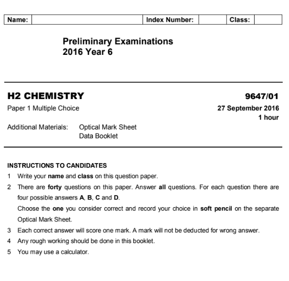 JC2 Chemistry H2 2016 Dunman High School