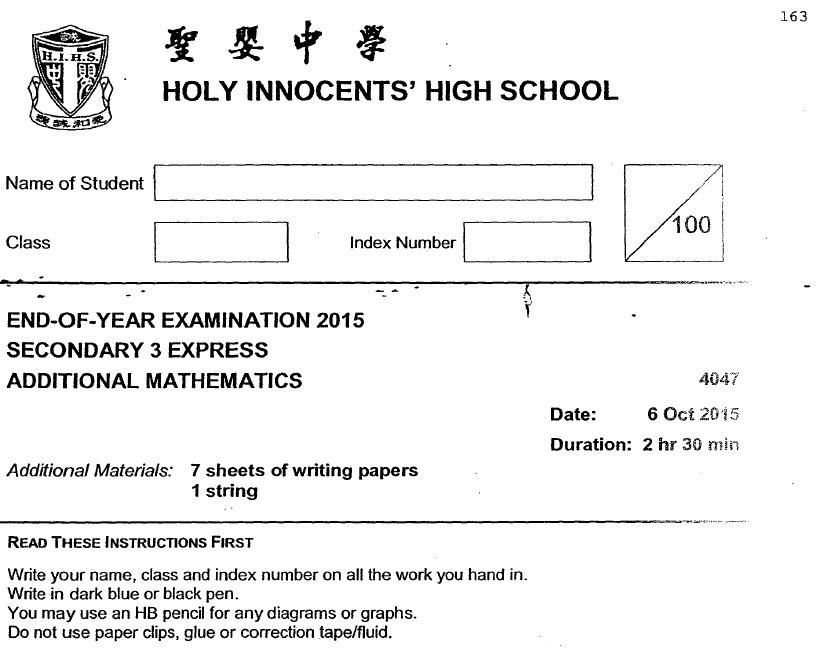 2015 A Math Sec 3 SA2 (Holy Innocents')