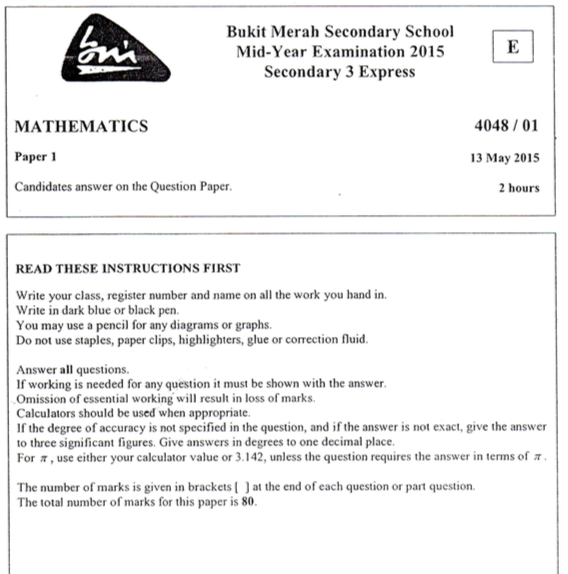 Sec 3 Math 2015 Bukit Merah Sec 