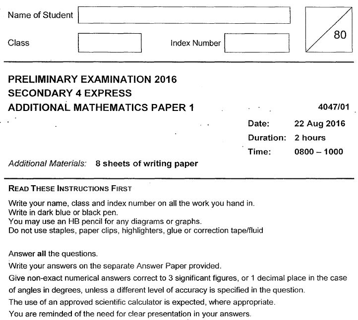 2016 A Math Sec 4 Prelim Exam (Holy Innocents')