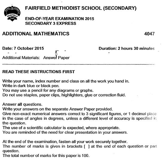 2015 A Math Sec 3 SA2 (Fairfield Methodist)