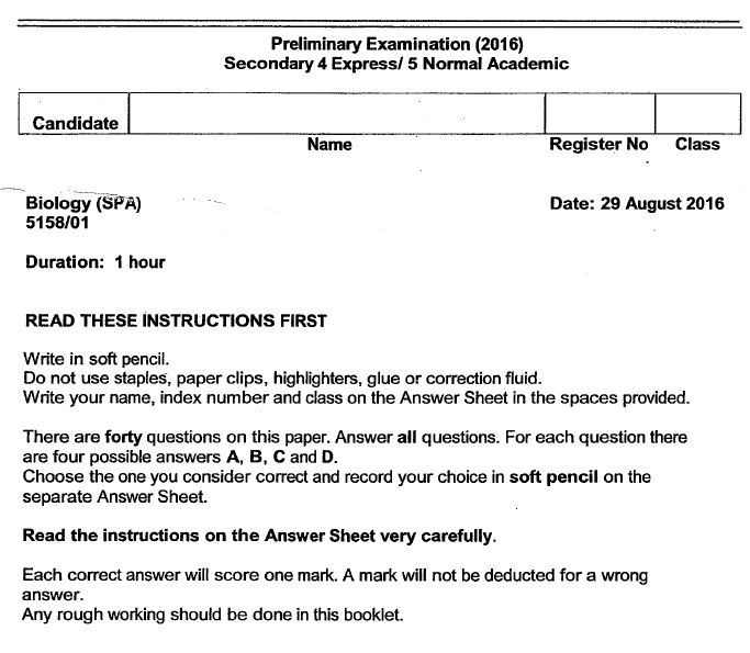Sec 4 Biology 2016 Chung Cheng Prelims