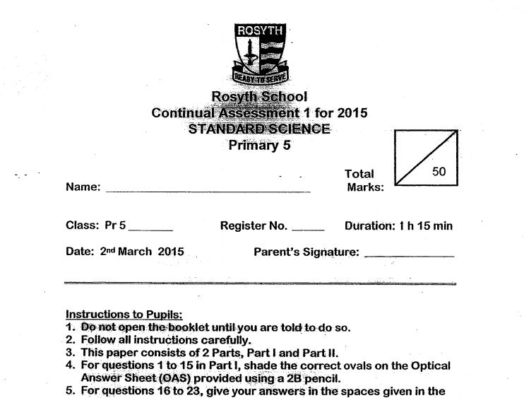 P5 Science CA1 2015 Rosyth Exam Papers