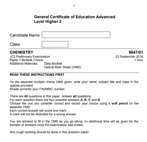 JC2 Chemistry H2 2016 SRJC