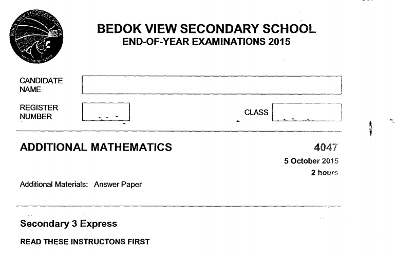 Sec 3 A Math SA2 2015 Bedok View