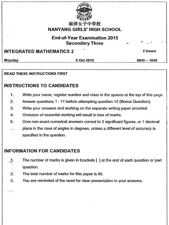 2015 A Math Sec 3 SA2 (Nanyang Girls')