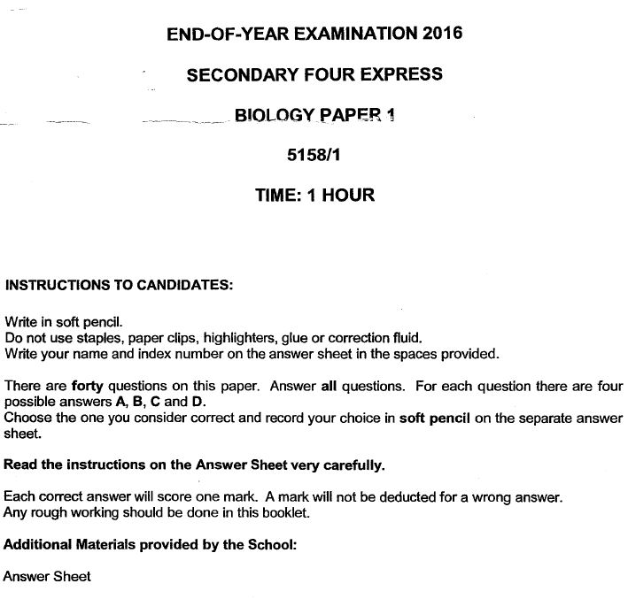 Sec 4 Biology 2016 ACS Prelims