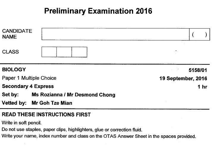 Sec 4 Biology 2016 Zhonghua Prelims