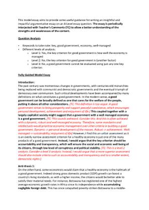 A-Level Essay Question- 'The key criterion for good government is how well the economy is managed.' Is this is fair assessment?