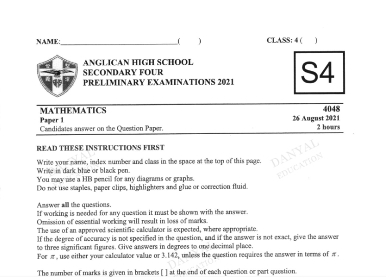 Anglican High Prelim 2021 E-Math