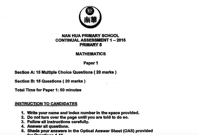 P5 Maths CA1 2015 Nan Hua Exam Papers