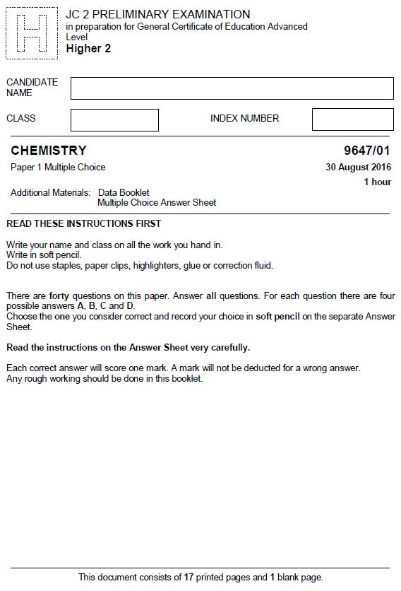 H2 Chemistry Prelims (IJC 2016)