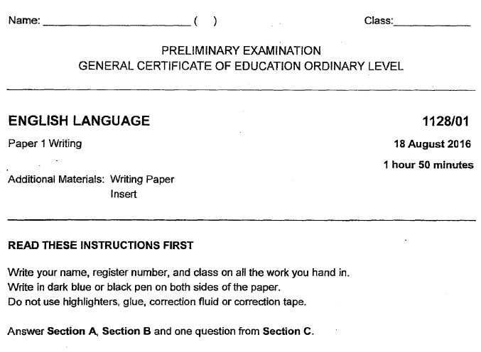 Sec 4 English Prelims 2016 CHIJ