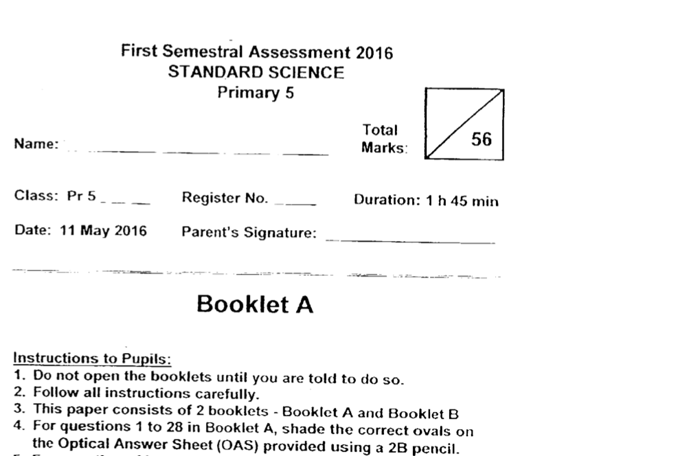 P5 Rosyth 2016 SA1 Science Paper